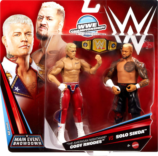 Mattel WWE Main Event Showdown Action Figures 2-Pack with Accessory, Series #24 Cody Rhodes vs Solo Sikoa Collectible Set, 6-inch, JHJ54