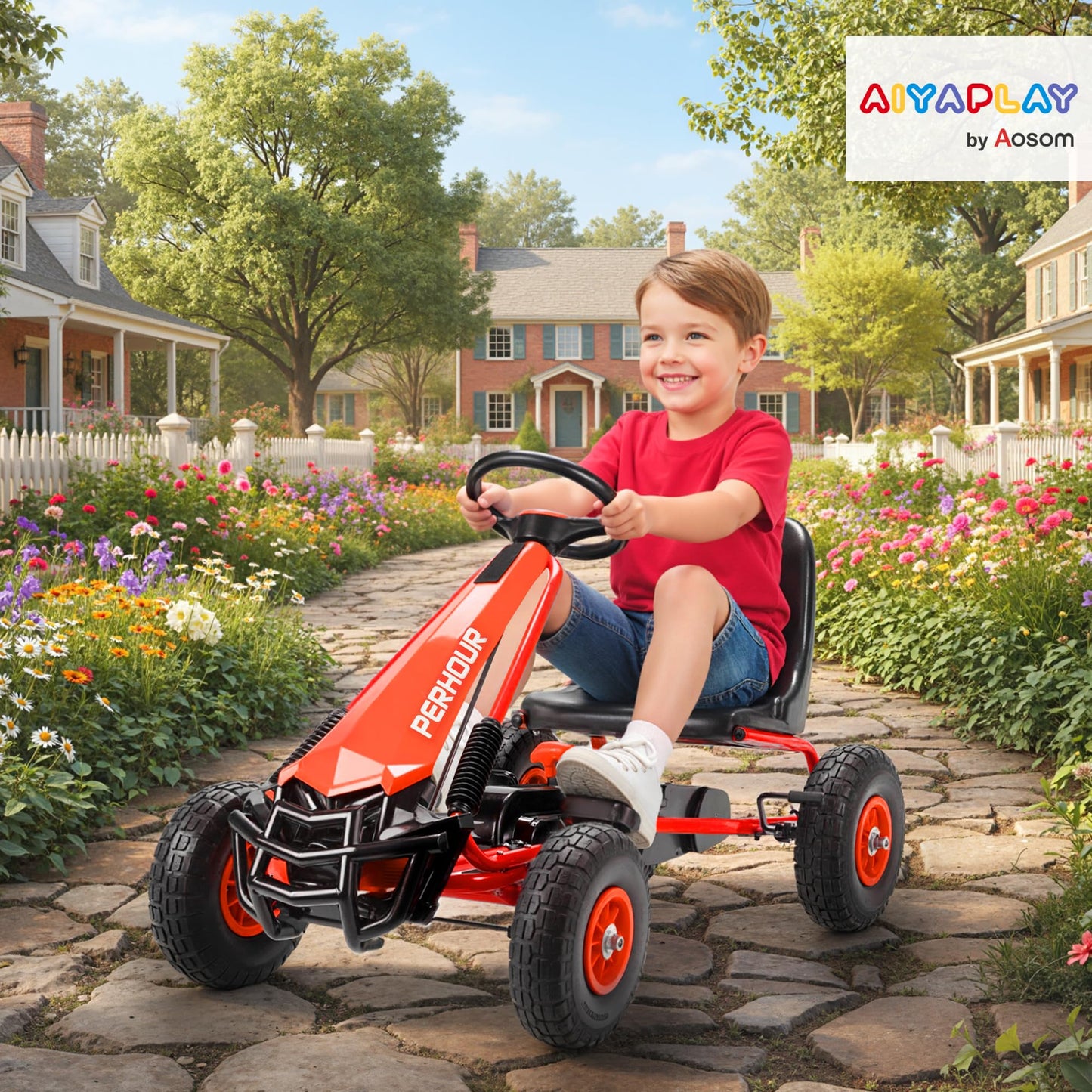 AIYAPLAY Kids Pedal Go Kart, Children Ride on Racer with Adjustable Seat, EVA Tyres, Manual Clutch, Brake, Go Cart for Kids 3-8 Years, Red