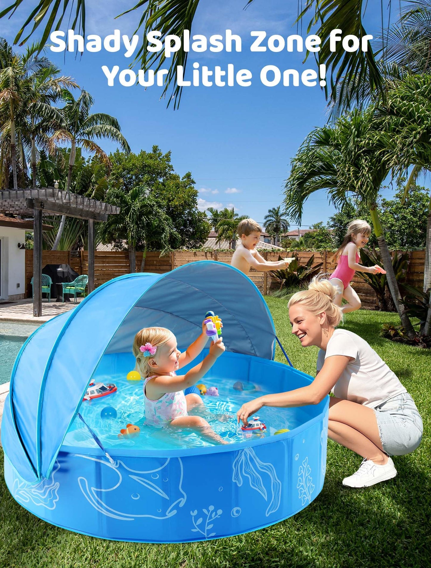 Hikiddy Paddling Pool with Shaded: 47in Pop-Up Splash Pool with Shade for Summer Beach Garden (Blue, 47in)