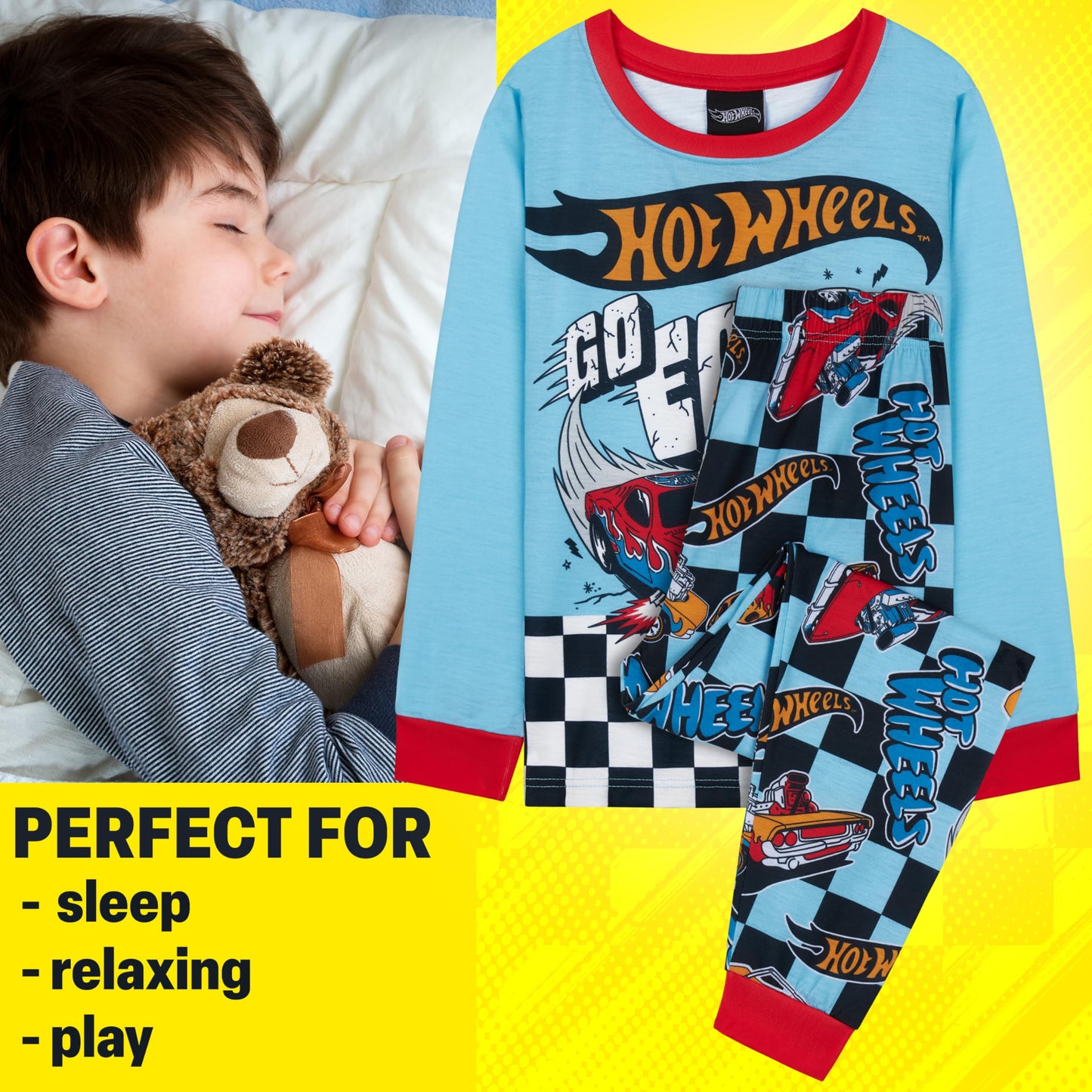 Get Trend Hot Wheels Pyjamas Set for Kids 2-7 Years, Long PJs for Toddlers, Winter Loungewear Nightwear, Gamer Gifts for Boys (2-3 Years, Blue Hot Wheels)