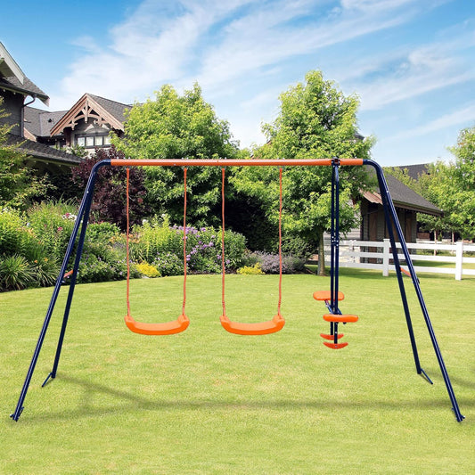 Metal Kids Garden Swing Set for Toddler, Heavy-Duty A-Frame with Double Swings and Glider,Adjustable Hanging Rope,Children Outdoor Backyard swing Set for 3+ Years Old, 200Kg