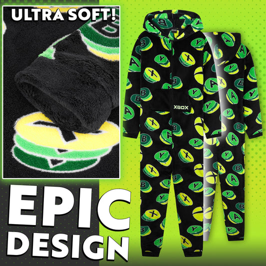 Xbox boys' fleece onesie for teens, black and green hooded jumpsuit with gamer design, cozy warm loungewear for 11-12-year-olds.