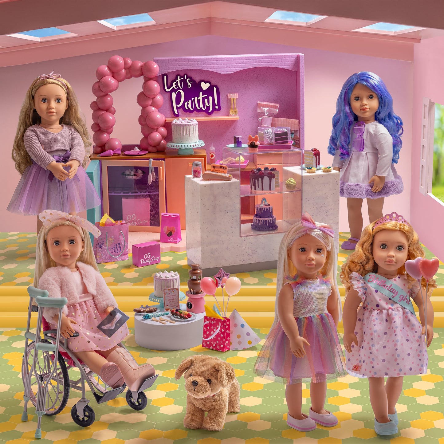 Poseable Our Generation Goldendoodle pup with collar and detachable leash, perfect for 18-inch dolls, 6-inch toy pet.