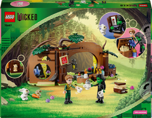 LEGO Wicked Elphaba's Retreat set featuring mini dolls, animal figures, and accessories in a forest scene.