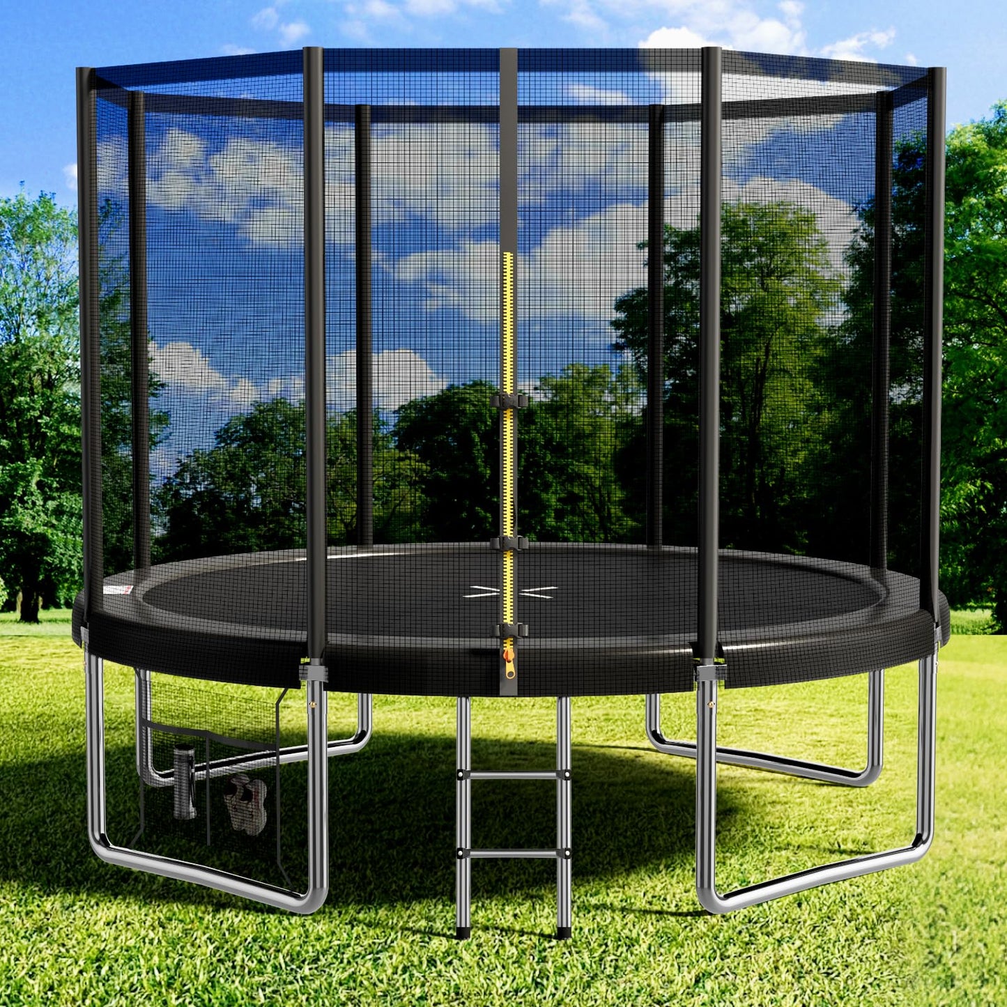 Devoko 10ft kids trampoline with safety net, reinforced steel frame, waterproof surface, ideal for children aged 6-12, outdoor garden use.