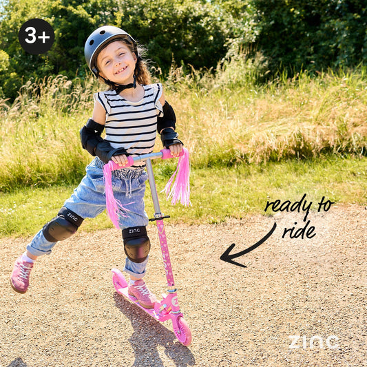 Zinc Kids Scooter for Ages 3+, Folding 2-Wheel Kick Scooter with Light Up Wheels, Height Adjustable, Anti-Slip Footplate, Rear Footbrake, Unicorn with Tassels