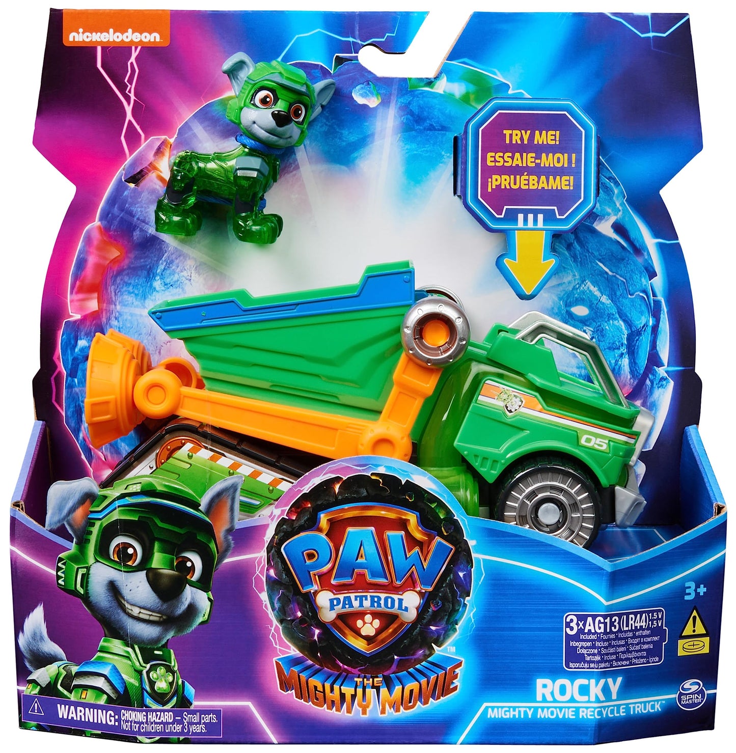 Paw Patrol: The Mighty Movie Toy Recycling Lorry with Rocky Mighty Pups Action Figure, Lights and Sounds, Kids’ Toys for Boys and Girls 3+