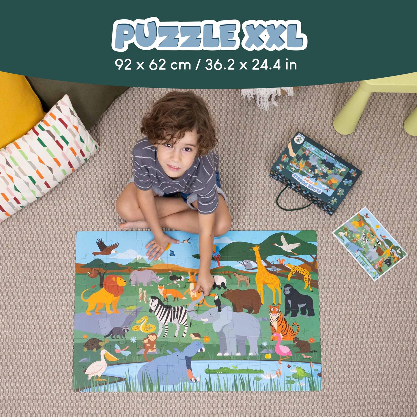 BONNYCO Giant Floor Puzzle of Jungle Animals with 48 Large Pieces. Safari Jigsaw Puzzles for Kids 36.2 x 24.4 in, Gifts for Boys and Girls, Educational Toys Ages 2-8