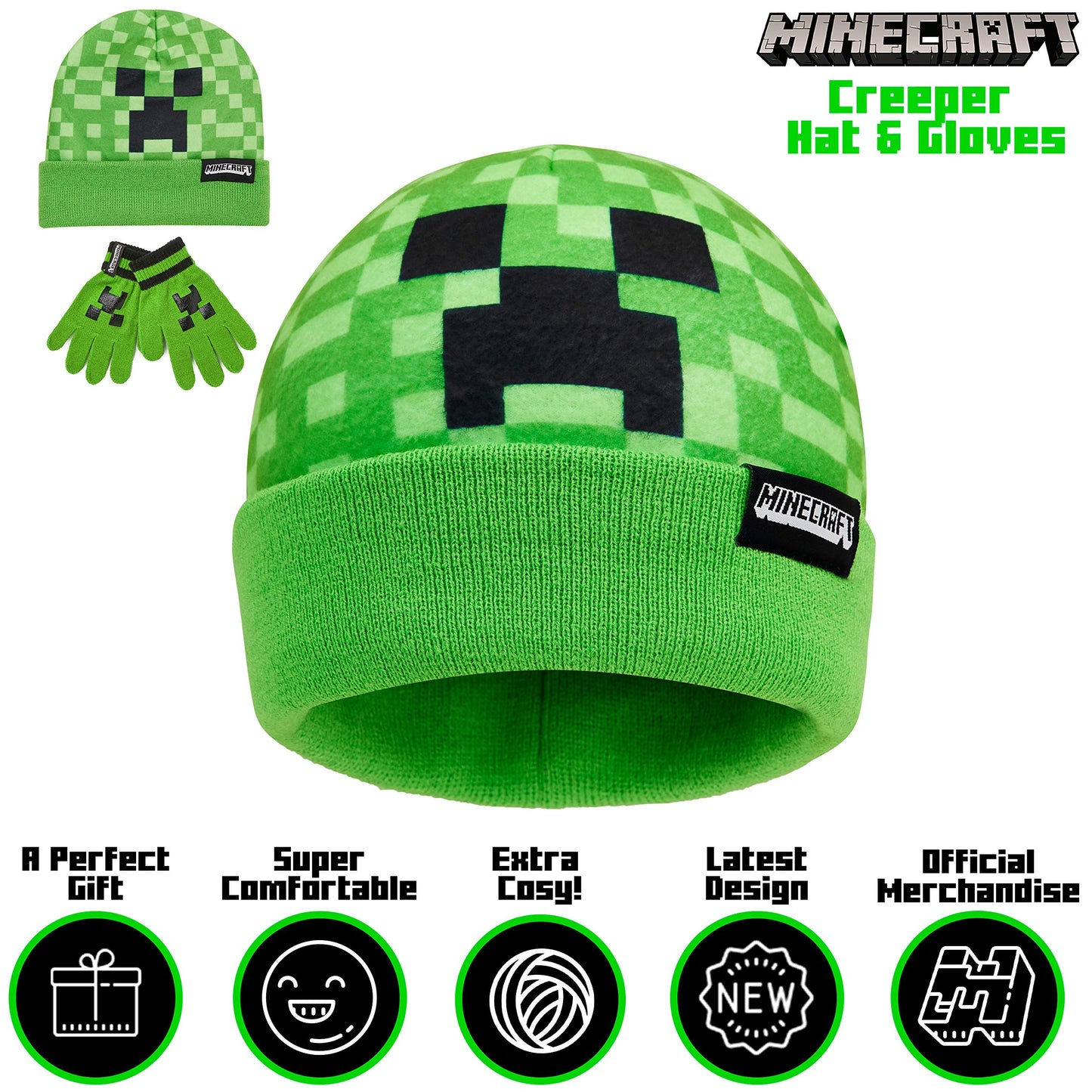 Minecraft Beanie or Winter Accessories Set | 3 Pcs with Scarf & Gloves | 2 Pcs with Gloves | or 1 Pcs Beanie or Bucket Hat (6-14 Years, Green Hat & Gloves)