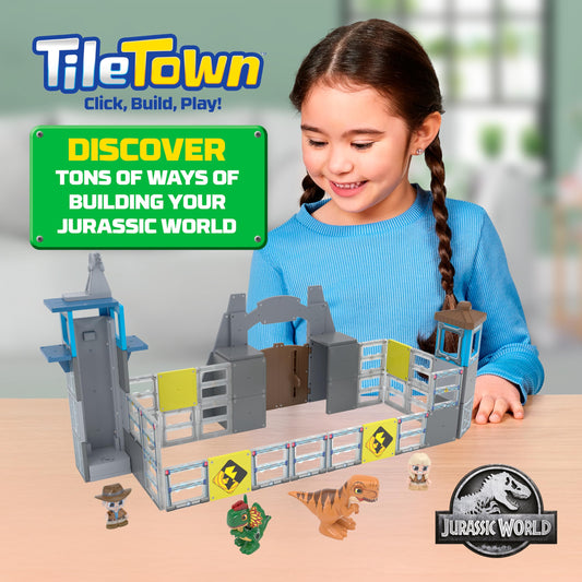Tile Town Jurassic World Gate Escape Magnetic Tiles Construction Building Set and Figures, Kids 3-5+, New ACTION TILES for Action Play, Realistic Builds, STEM Creative Toy