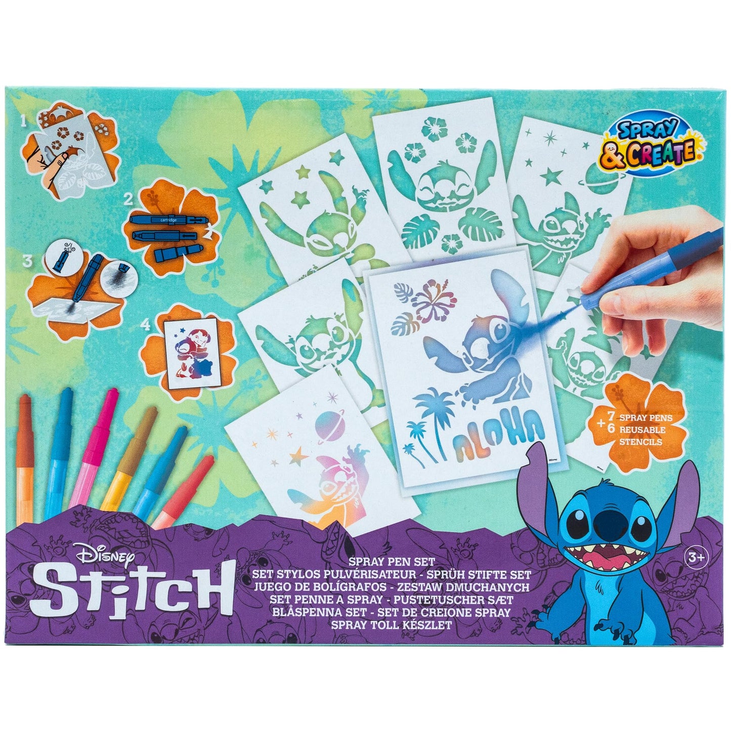 Disney Lilo and Stitch blow pens coloring set with 7 blow pens, 6 reusable stencils, and creative arts and crafts for kids.