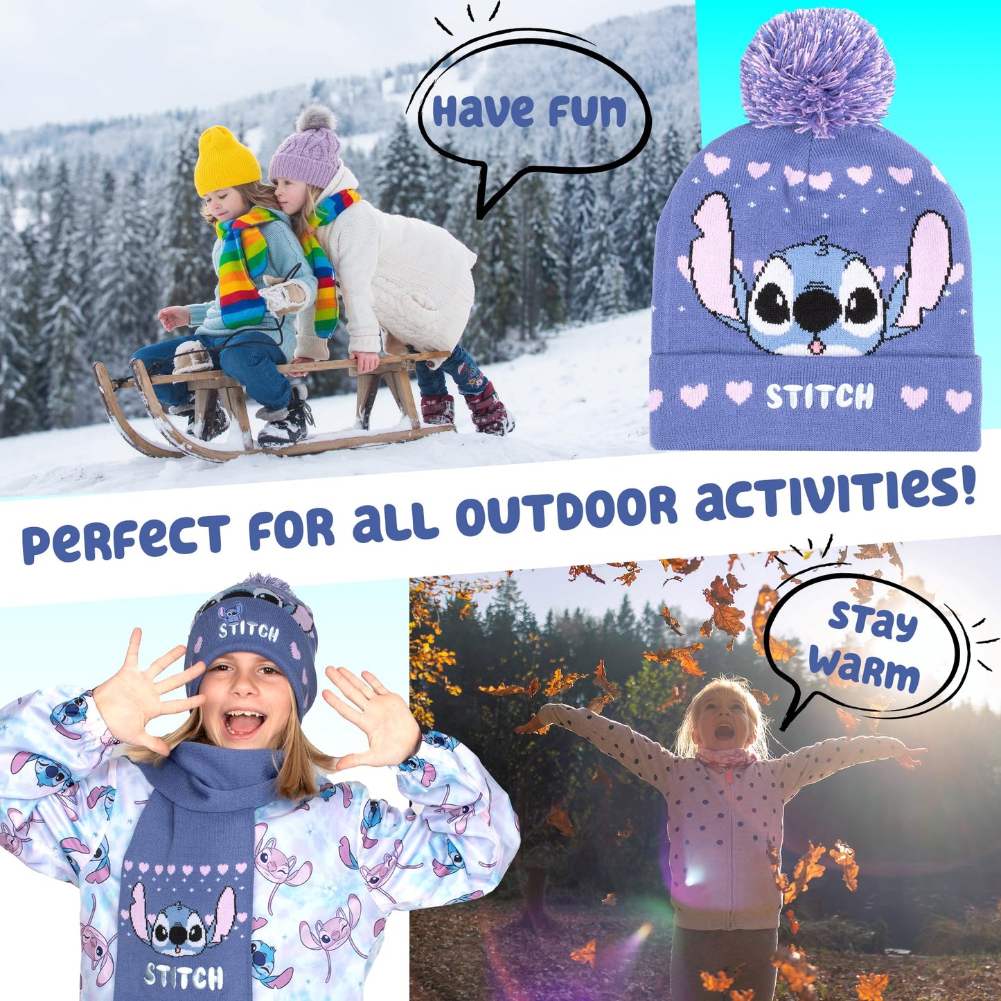 Disney Lilo & Stitch winter hat and scarf set for girls, purple knitted beanie and cozy scarf, perfect for kids aged 6-12 in winter.