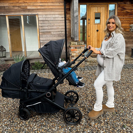 My Babiie MB33 Tandem Pushchair – Birth to 15kg Double Stroller, Twin Seat Units Convert to Carrycot, 11 Configurations, Duo Includes Car Seat Adapters, Rain Covers – Black Leopard