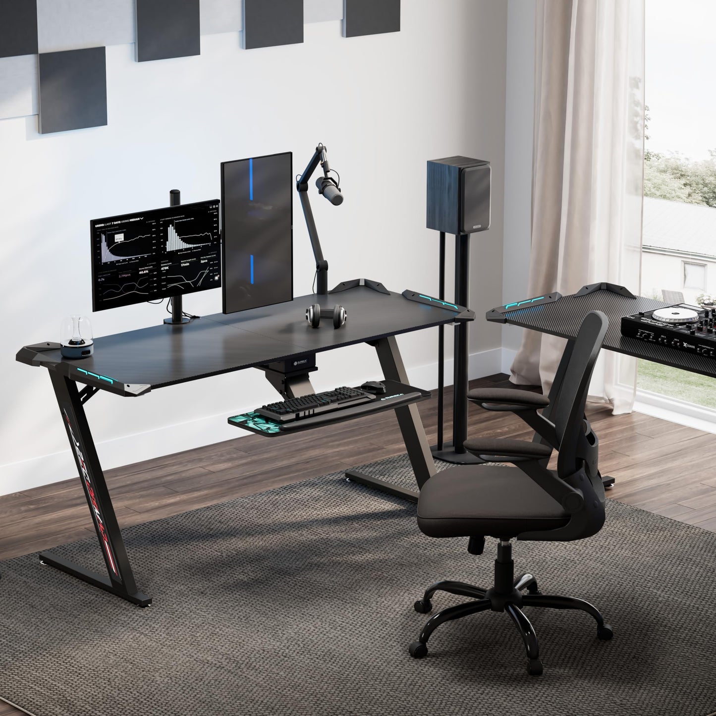 EUREKA ERGONOMIC Gaming Desk with Led Lights 156×64cm Large RGB Ergonomic Gaming Computer Desk for Home Office Work Study Writing with Mouse Pad, Easy to Assemble, Carbon Fiber Black