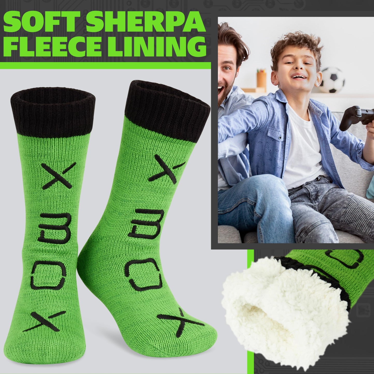 Xbox boys and teen slipper socks with fleece lining, non-slip pads, cozy warm loungewear ideal for gaming and relaxing at home.