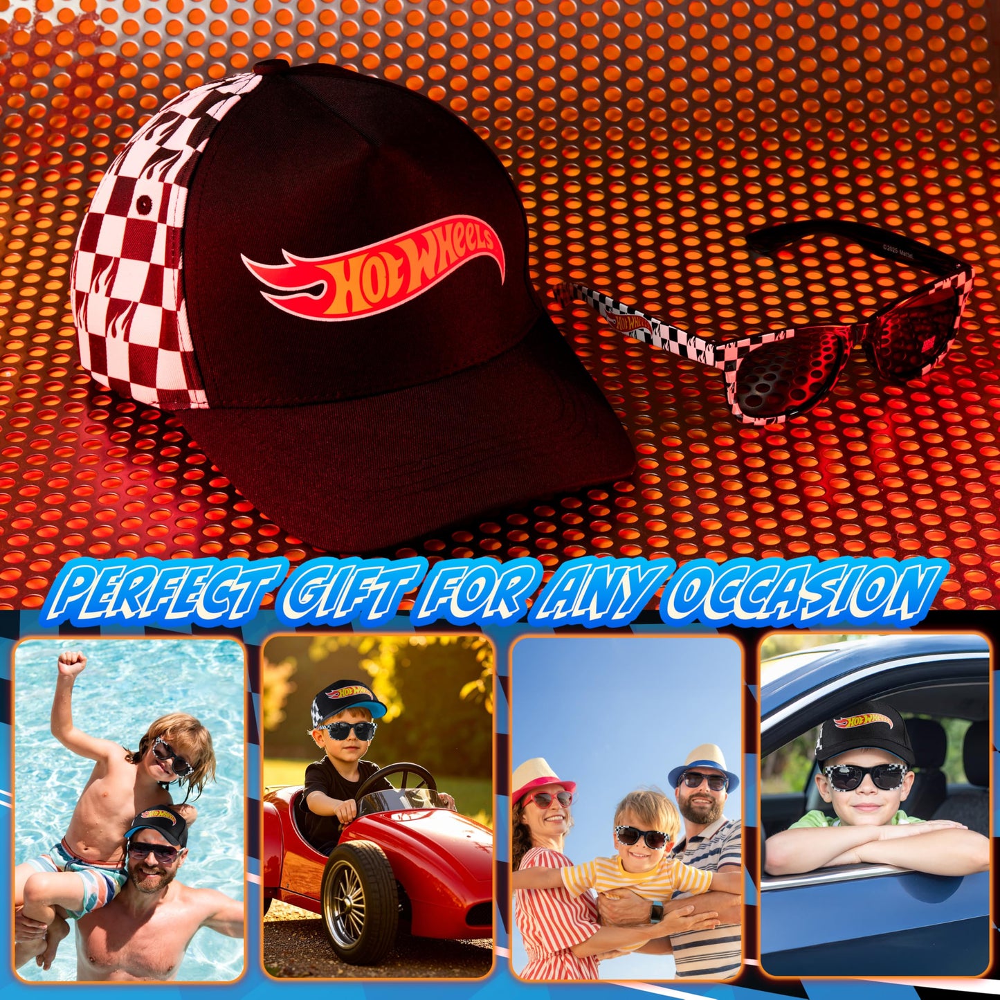 Hot Wheels Baseball Cap Sunglasses Set Boys Breathable Adjustable Summer Sun Hat UV Protection Holiday Travel Essentials Black