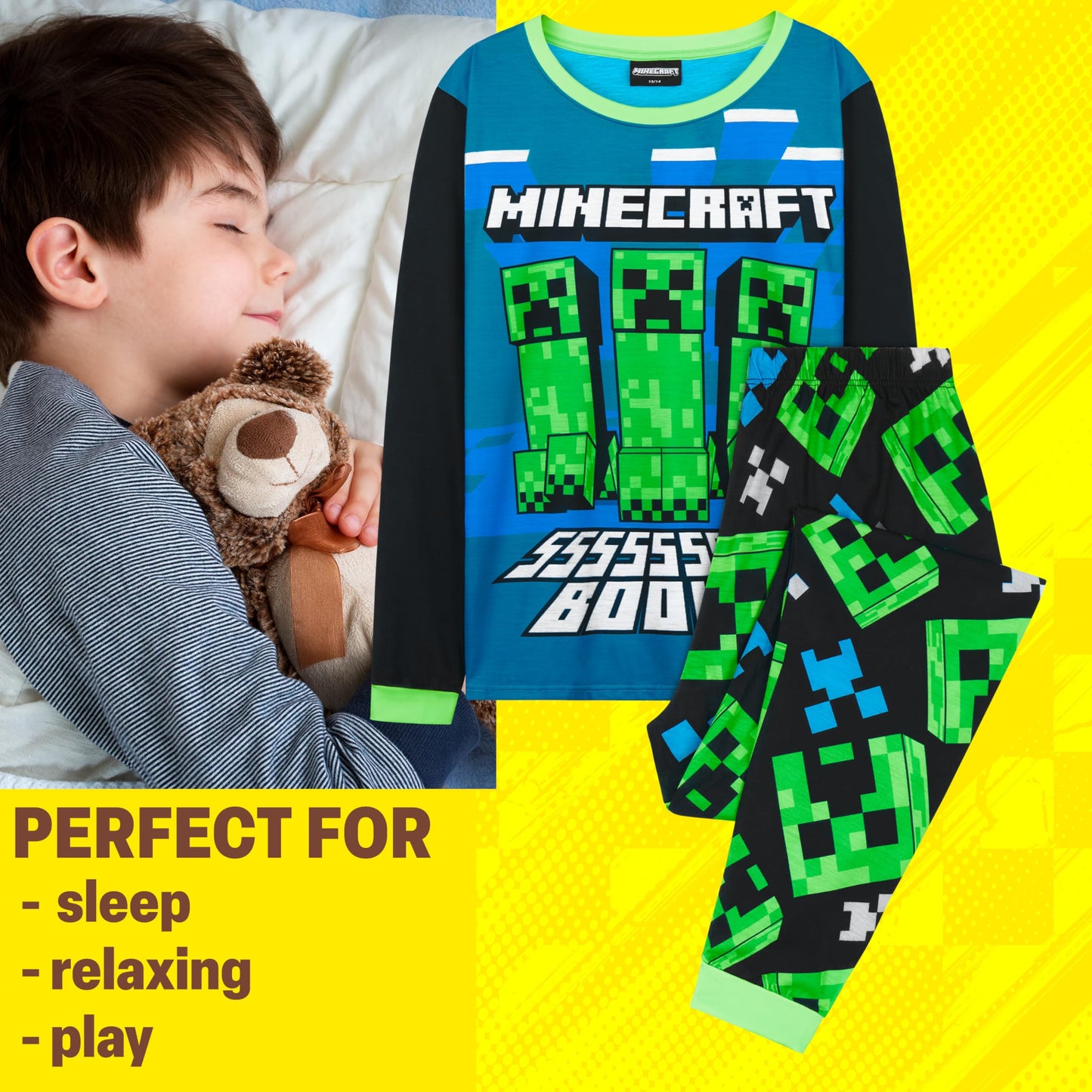 Get Trend Minecraft Boys Pyjamas Set, Long PJs for Kids & Teens, Creeper Loungewear Soft Nightwear, Gamer Gifts for Boys (6-7 Years, Blue/Green Minecraft)
