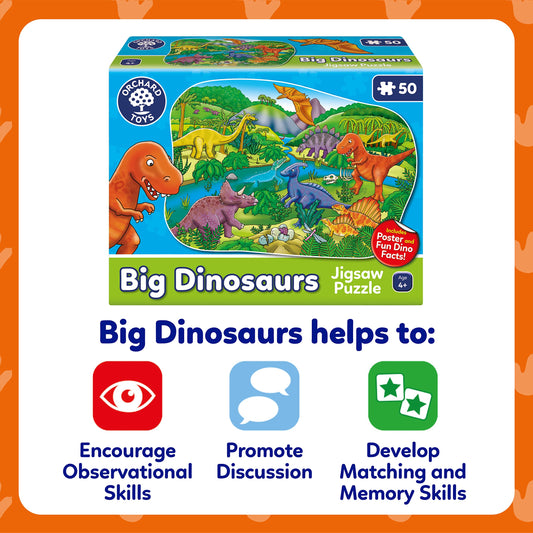 Orchard Toys Big Dinosaurs Jigsaw Puzzle for Kids - Large, 50-Piece, Dinosaur Floor Puzzles for 4+ Year Olds - Giant Games and Educational Toys for Children, Toddlers, Boys and Girls - 58 x 40 cm