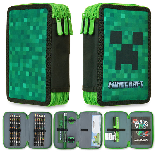 Minecraft Pencil Case Kids Teens Filled with Gamer Stationery Set School Supplies Creeper Pen Case Multiple Compartments Drawing Writing Colouring Set (Green Creeper)