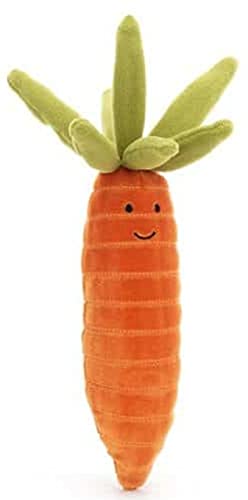 Soft Jellycat carrot plush toy with a bright orange body and green leafy top, perfect for cuddling and play.