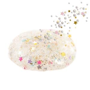 Clear slime in a pot with metallic foil and decorations, showcasing So Slime's Glitzy Glitz & Glam Slime for creative decoration.