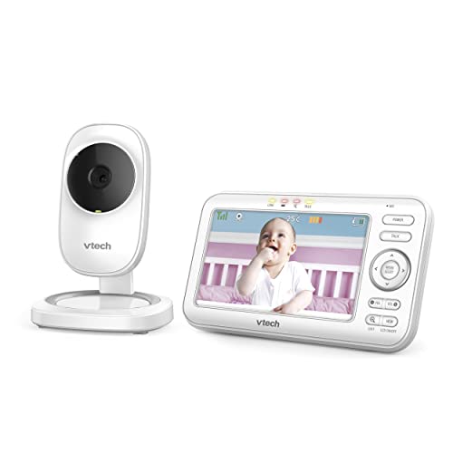 VTech LM808-1W baby monitor with camera, 5" screen, night vision, two-way audio, and temperature sensor in a nursery setting.
