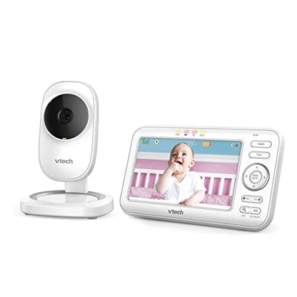 VTech LM808-1W baby monitor with camera, 5" screen, night vision, two-way audio, and temperature sensor in a nursery setting.