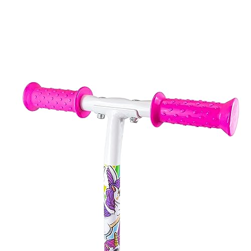 OZBOZZ Unicorn My First Scooter in white with pink and blue wheels, featuring a fun unicorn design for young riders.