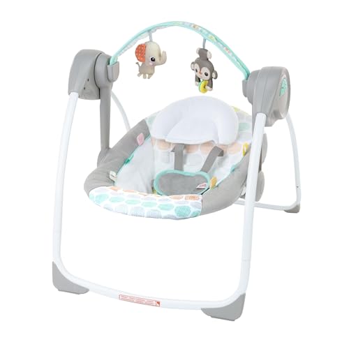 Bright Starts, Whimsical Wild Portable Compact Automatic Baby Swing with Music and Taggies, Removable Toy Bar with 2 Toys, Reclinable, 5 Point Harness, Newborn and up