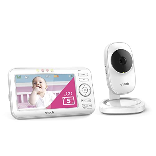 VTech LM808-1W baby monitor with camera, 5-inch screen, night vision, two-way audio, temperature sensor, and wall-mount bracket.