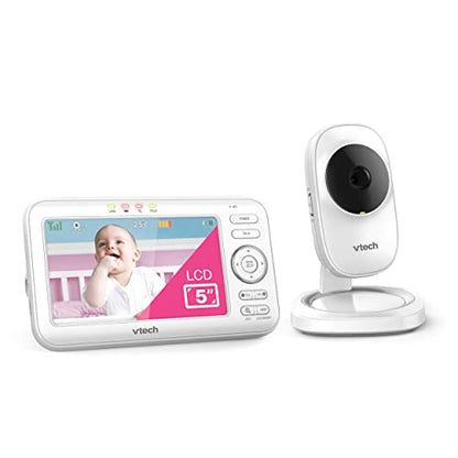 VTech LM808-1W baby monitor with camera, 5-inch screen, night vision, two-way audio, temperature sensor, and wall-mount bracket.