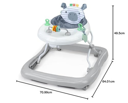 Ingenuity Smooth Strides activity walker in chambray with toys, 3-position height bar, suitable for 6 to 12 months.