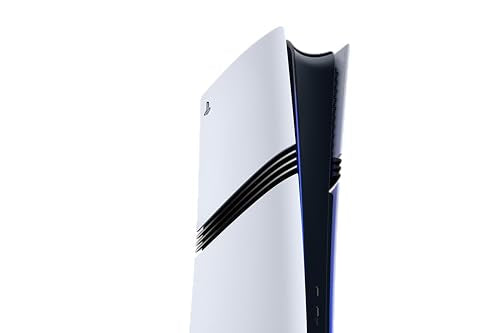 PlayStation 5 Pro gaming console with sleek black design, disc drive, and digital ports visible from a front view.