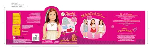 Our Generation Cambi doll with red hair and blue eyes wearing butterfly-themed outfits and styling accessories in gift box.