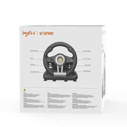 PXN V3 Pro Gaming Steering Wheel with Pedals - 180° Wheel, Vibration Feedback, Integrated-Shifter, Paddle Shifters - Steering Wheel for PC, PS3, PS4, Xbox and Switch - Black