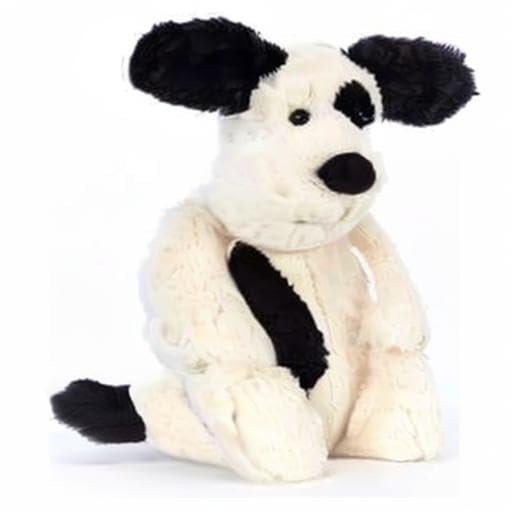 Jellycat Bashful Black & Cream Puppy plush toy, medium size, featuring soft fur and floppy ears, 31 cm tall.