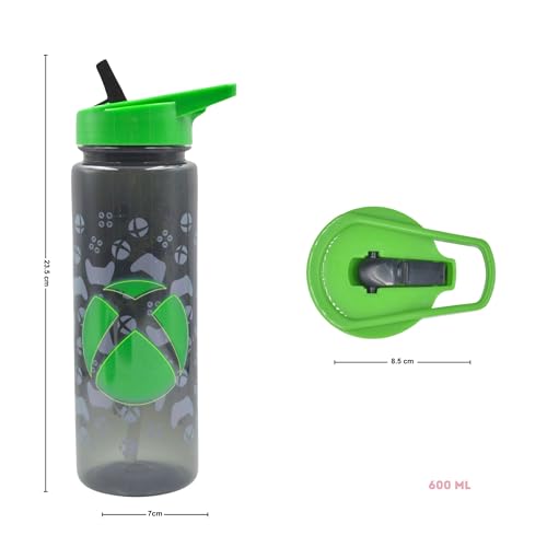 Hox Xbox 600ml leak-proof water bottle with straw, flip spout, carry loop, BPA-free, green Xbox logo, suitable for kids and adults