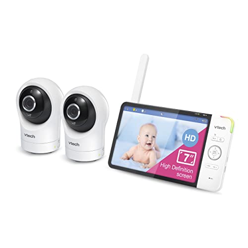 VTech RM7764-2HD baby monitor with two cameras, 7-inch HD display, 1080p WiFi, pan-tilt, zoom, night vision, and two-way audio.