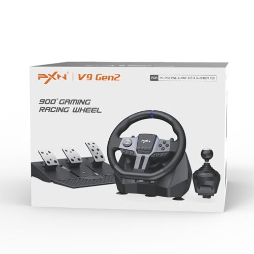 PXN V9 Gen2 Gaming Steering Wheel with Pedals and Shifter - 270°|900° Racing Wheel, Vibration Feedback, Hall Effect Pedal, Paddle Shifters, Tools APP - Steering Wheel for PC, PS3, PS4, Xbox