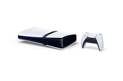 PlayStation 5 Pro gaming console with sleek black design and disc drive, showcasing high-performance gaming hardware.