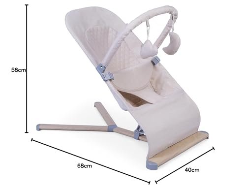 Red Kite Baya baby bouncer in oatmeal with toy bar, ergonomic self-bouncing adjustable design for infants.