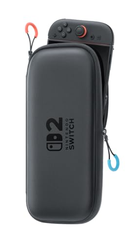 Nintendo Switch 2 carrying case with screen protector, featuring protective design and storage compartments for gaming accessories.