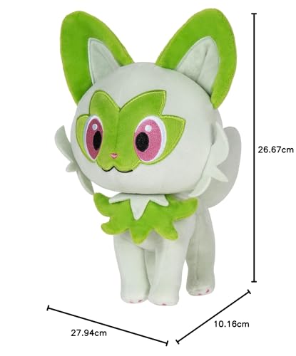 8-inch Pokémon Sprigatito plush featuring authentic details, showcasing its cute design and vibrant colors.