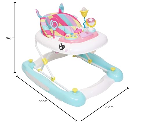 MyChild Unicorn 2-in-1 pink rainbow baby walker and rocker with adjustable height, safety blocks, and easy fold frame for storage.