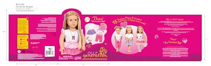Our Generation Thea doll with blond hair and hazel eyes, wearing bow-themed outfits and accessories in a gift box.