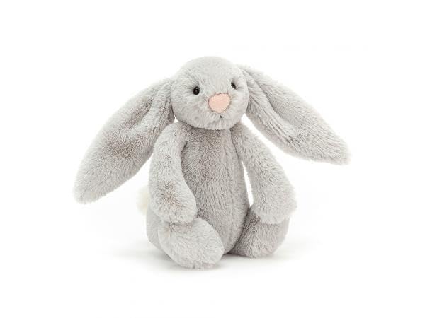 Small Jellycat Bashful Silver Bunny plush toy, 18 cm tall, with soft fur and floppy ears, perfect for cuddling.
