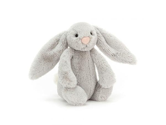 Small Jellycat Bashful Silver Bunny plush toy, 18 cm tall, with soft fur and floppy ears, perfect for cuddling.