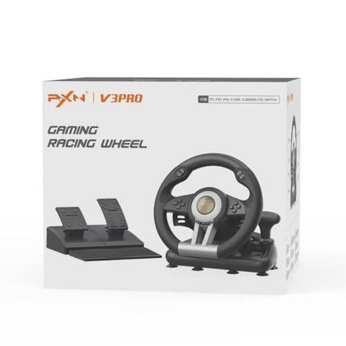 PXN V3 Pro Gaming Steering Wheel with Pedals - 180° Wheel, Vibration Feedback, Integrated-Shifter, Paddle Shifters - Steering Wheel for PC, PS3, PS4, Xbox and Switch - Black