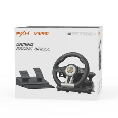 PXN V3 Pro Gaming Steering Wheel with Pedals - 180° Wheel, Vibration Feedback, Integrated-Shifter, Paddle Shifters - Steering Wheel for PC, PS3, PS4, Xbox and Switch - Black