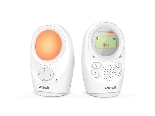 VTech DM1211 audio baby monitor with long range, 2-way talk, noise level display, temperature sensor, soothing sounds, and belt clip.